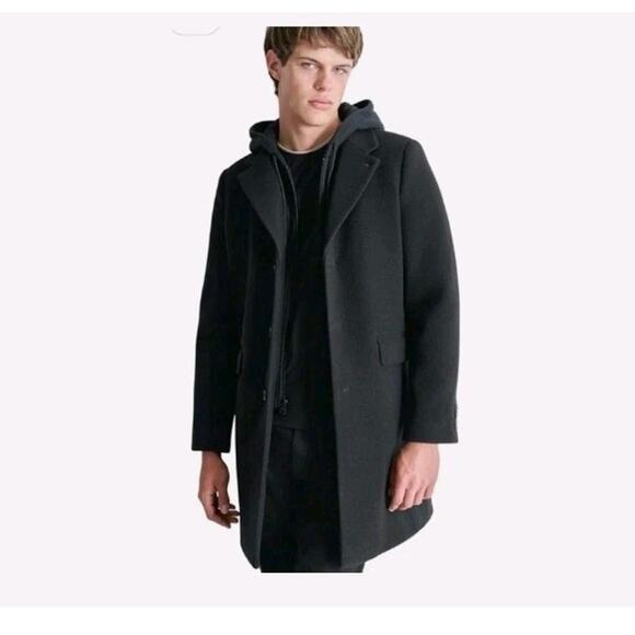 DKNY Mens Wool Blend Black Coat W/Removable Hood Size Large NEW